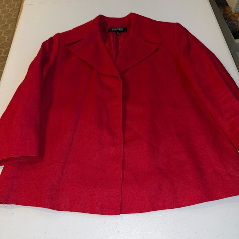 100% Linen Blazer  Women Sz 10 Red Linen Kasper Lined Shoulder Pads Open Jacket